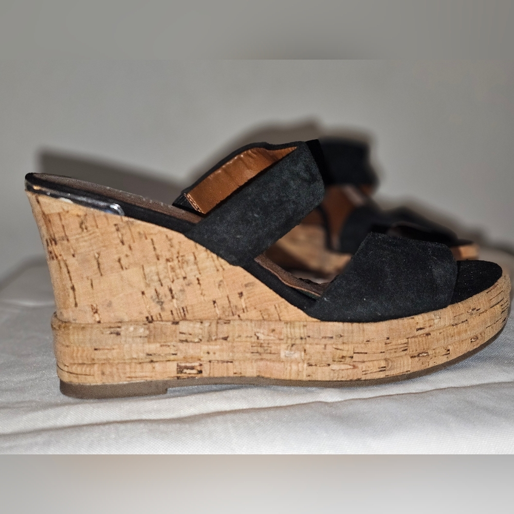 Franco Sarto Black Suede Cork Wedge Sandals